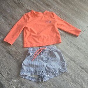 9M Boys Carter's Bright Orange Rashguard and Striped Shorts Set